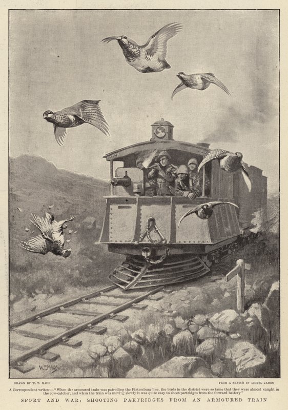 Sport und Krieg, Schießen von Rebhühnern aus einem gepanzerten Zug von William T. Maud