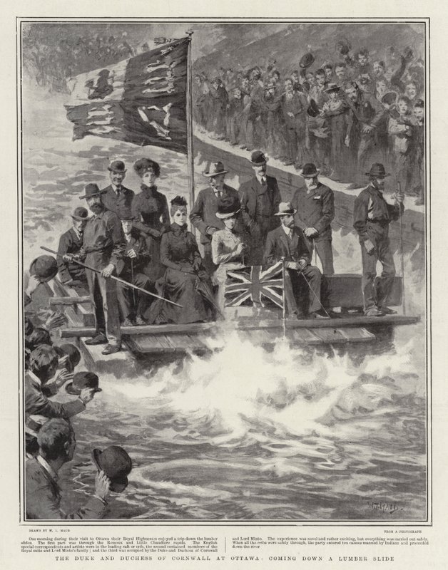 Der Herzog und die Herzogin von Cornwall in Ottawa, die eine Holzrutsche hinunterfahren von William T. Maud