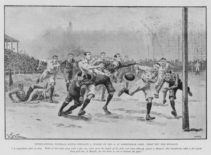 Internationales Fußballspiel (England gegen Wales) am 6. Januar im Birkenhead Park, Erster Versuch für England (Lithografie) von William Barnes (after) Wollen