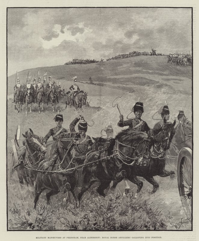 Militärmanöver bei Frensham, in der Nähe von Aldershot, Royal Horse Artillery galoppiert in Position von William Barnes Wollen