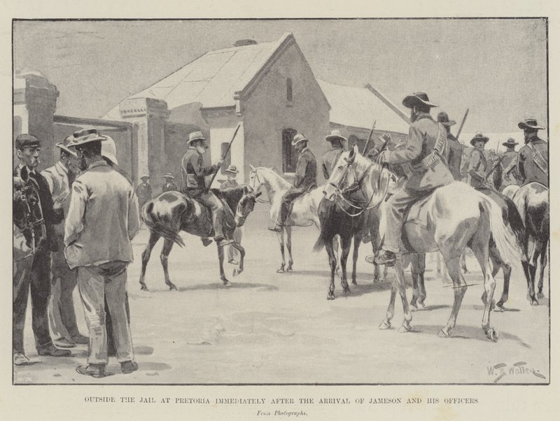 Vor dem Gefängnis in Pretoria unmittelbar nach der Ankunft von Jameson und seinen Offizieren von William Barnes Wollen