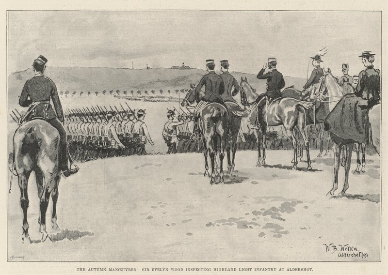 Die Herbstmanöver, Sir Evelyn Wood inspiziert das Highland Light Infantry in Aldershot von William Barnes Wollen