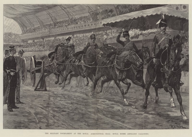 Das Militärturnier in der Royal Agricultural Hall, Royal Horse Artillery im Galopp von William Barnes Wollen