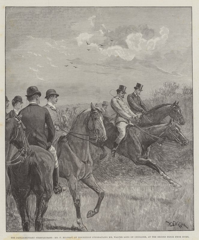 Das parlamentarische Hindernisrennen, Mr. F. Mildmay auf Discretion überholt Mr. Walter Long auf Crusader, am zweiten Hindernis von Zuhause von William Barnes Wollen