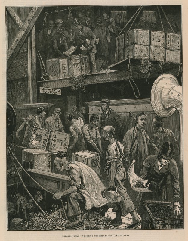 Ladung auf einem Teeschiff in den Londoner Docks brechen (Stich) von William Bazett Murray