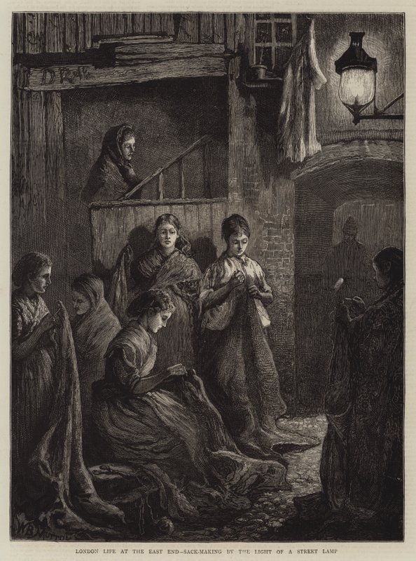 Londoner Leben im East End, Sackherstellung im Licht einer Straßenlaterne von William Bazett Murray