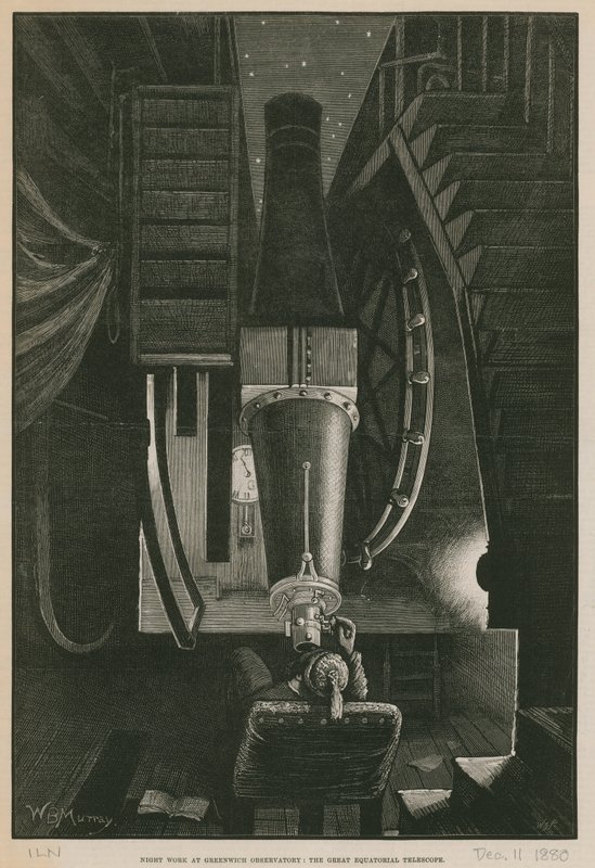 Nachtarbeit im Greenwich-Observatorium; Das große Äquatorialteleskop (Stich) von William Bazett Murray