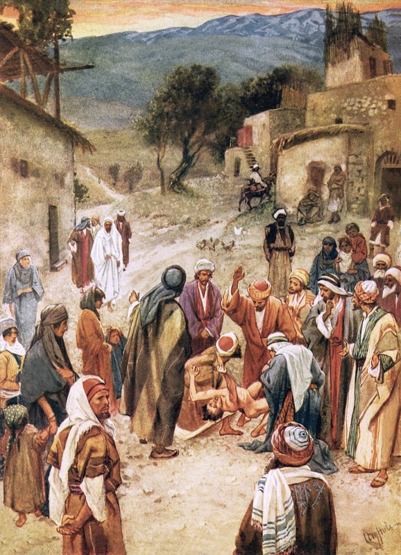 Jesus will einen Jungen heilen, aus dem seine Jünger keinen Dämon austreiben konnten von William Brassey Hole