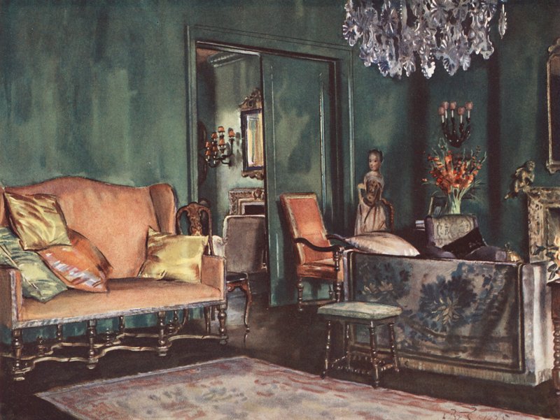 Inneneinrichtung: Ein Wohnzimmer mit grünen Wänden von William Bruce Ellis Ranken