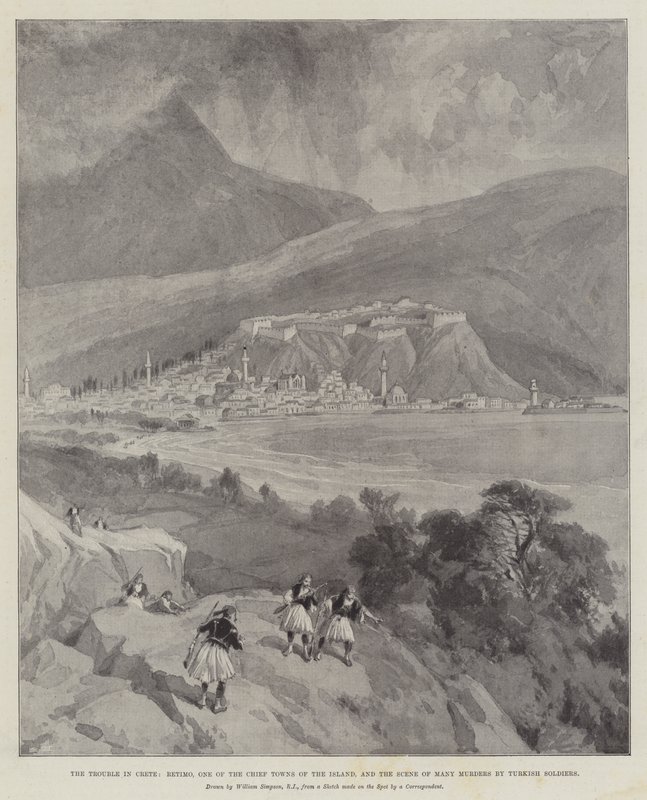 Die Unruhen auf Kreta, Retimo, eine der Hauptstädte der Insel und Schauplatz vieler Morde durch türkische Soldaten von William Crimea Simpson