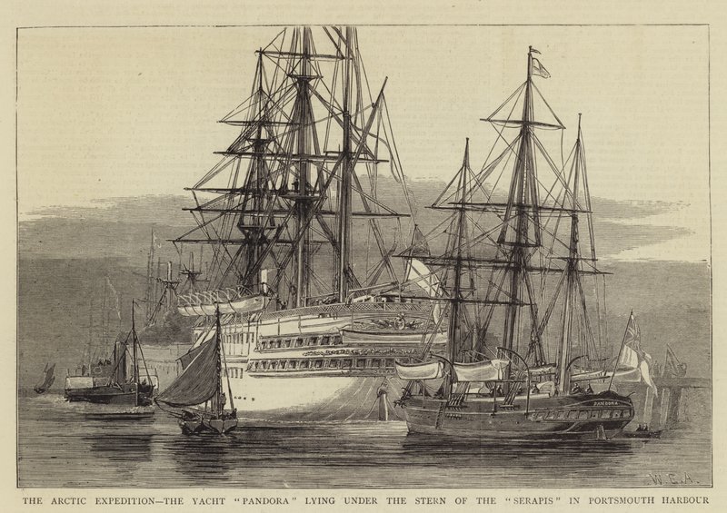 Die Arktisexpedition, die Yacht Pandora unter dem Heck der Serapis im Hafen von Portsmouth von William Edward Atkins