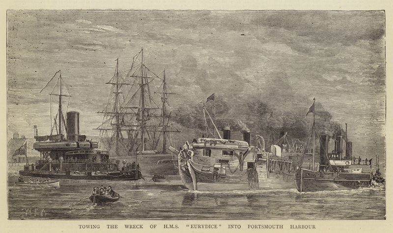 Abschleppen des Wracks der HMS Eurydice in den Hafen von Portsmouth von William Edward Atkins
