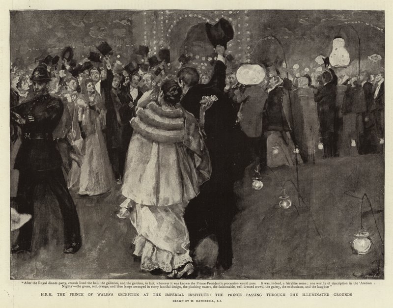 Der Empfang des Prinzen von Wales am Imperial Institute, der Prinz durchquert die beleuchteten Gärten von William Hatherell