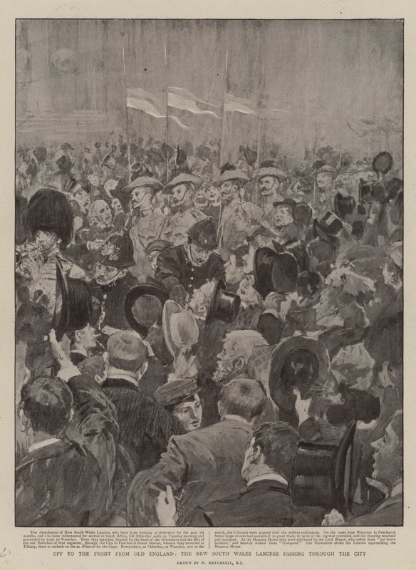 Auf zur Front aus Alt-England, die New South Wales Lancers ziehen durch die Stadt von William Hatherell