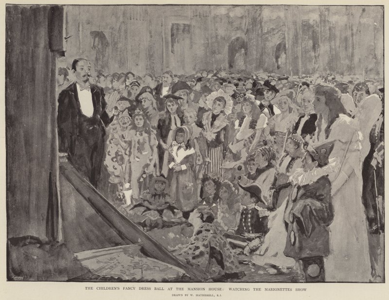 Der Kinderkostümball im Mansion House, Beobachtung der Marionettenshow von William Hatherell