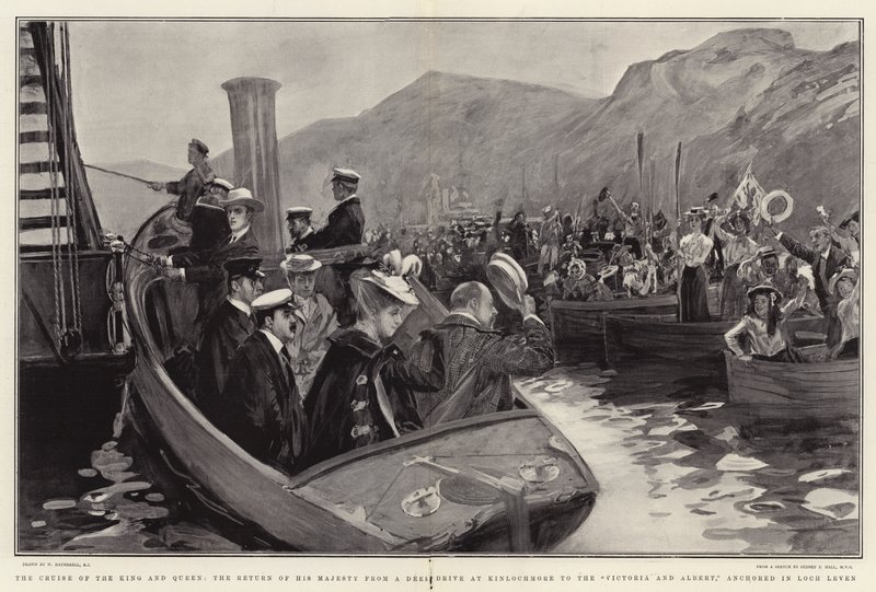 Die Kreuzfahrt des Königs und der Königin, die Rückkehr Seiner Majestät von einer Hirschjagd in Kinlochmore zur Victoria und Albert, vor Anker in Loch Leven von William Hatherell