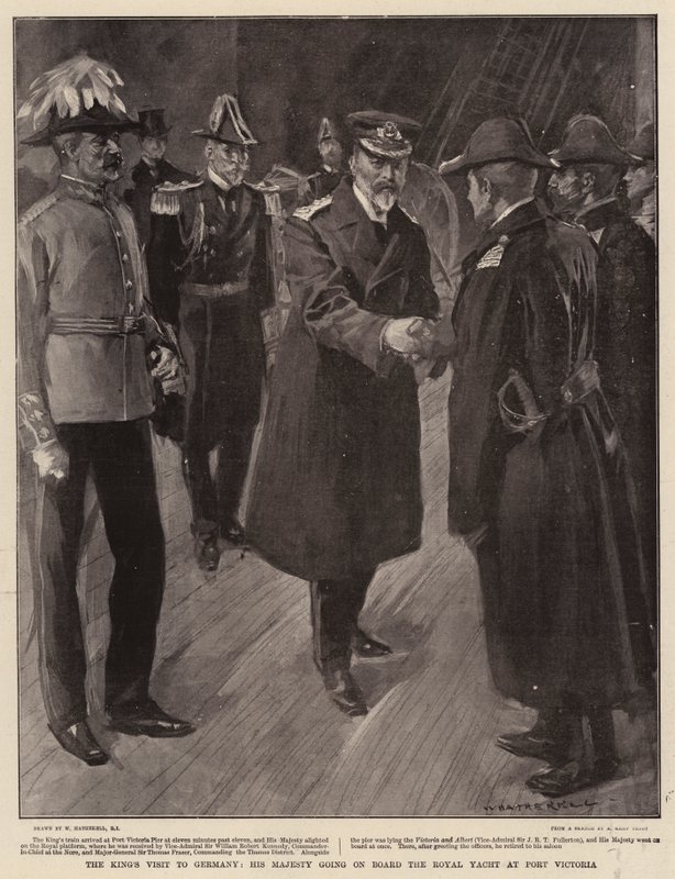 Der Besuch des Königs in Deutschland, Seine Majestät geht an Bord der königlichen Yacht in Port Victoria von William Hatherell