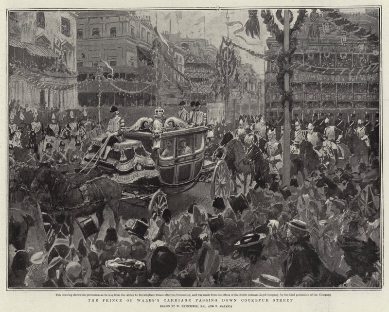 Die Kutsche des Prinzen von Wales fährt die Cockspur Street hinunter von William Hatherell