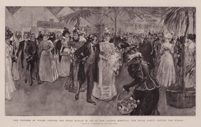 Die Prinzessin von Wales eröffnet den Press Bazaar zugunsten des Londoner Krankenhauses, die königliche Gesellschaft besucht die Stände von William Hatherell