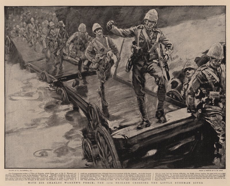 Mit Sir Charles Warrens Truppe, die 11. Brigade überquert den Little Bushman River von William Hatherell