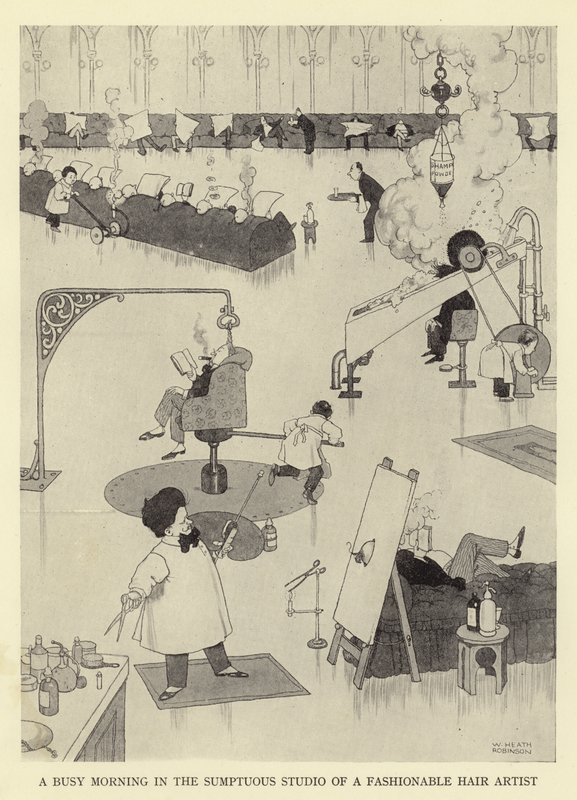 Ein geschäftiger Morgen im prächtigen Studio eines modischen Haarstylisten von William Heath Robinson