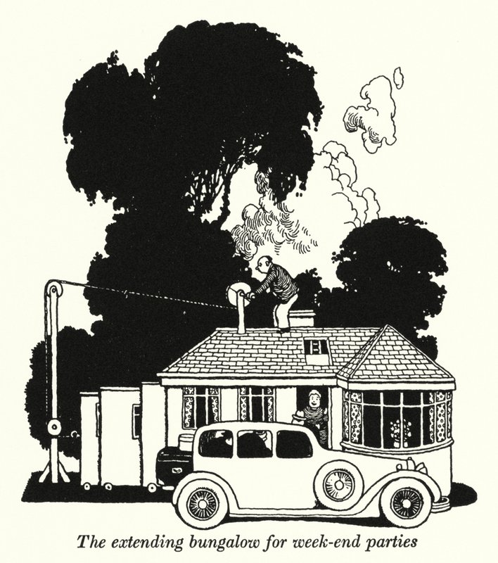 Ein erweiterbares Bungalow für Wochenendpartys von William Heath Robinson