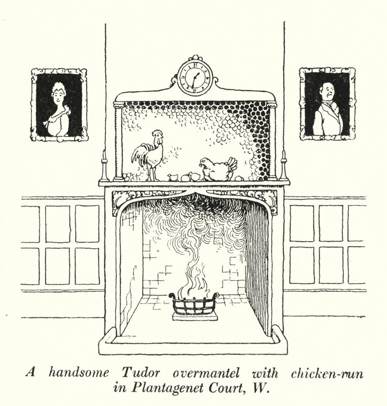 Ein schöner Tudor-Kaminaufsatz mit Hühnerlauf in Plantagenet Court, W von William Heath Robinson