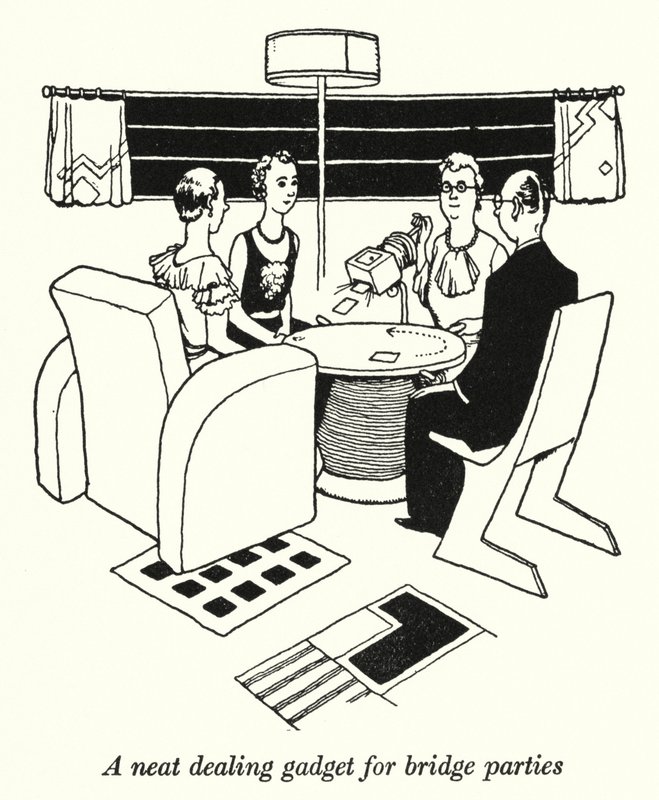 Ein praktisches Kartengebergerät für Bridge-Partys (Lithografie) von William Heath Robinson