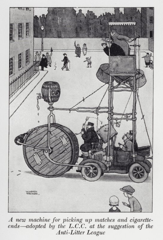 Eine neue Maschine zum Aufsammeln von Streichhölzern und Zigarettenstummeln, die auf Vorschlag der Anti-Litter League vom LCC übernommen wurde von William Heath Robinson