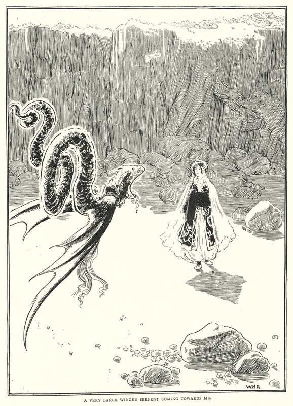 Eine sehr große geflügelte Schlange kam auf mich zu von William Heath Robinson
