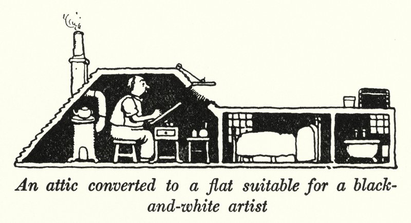 Ein Dachboden, umgebaut zu einer Wohnung, geeignet für einen Schwarz-Weiß-Künstler (Lithografie) von William Heath Robinson