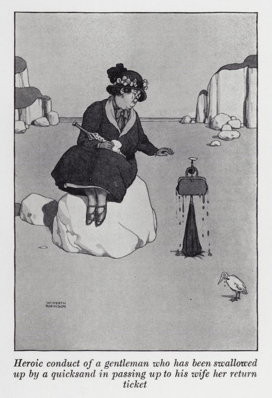 Heroisches Verhalten eines Gentlemans, der von Treibsand verschluckt wurde, als er seiner Frau ihr Rückfahrtticket reichte von William Heath Robinson