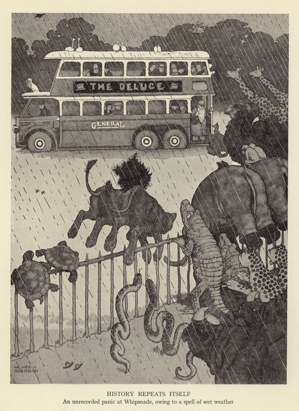 Die Geschichte wiederholt sich, eine unaufgezeichnete Panik in Whipsnade, aufgrund einer Regenperiode von William Heath Robinson