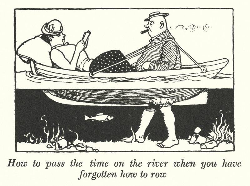 Wie man sich die Zeit auf dem Fluss vertreibt, wenn man vergessen hat, wie man rudert (Lithografie) von William Heath Robinson