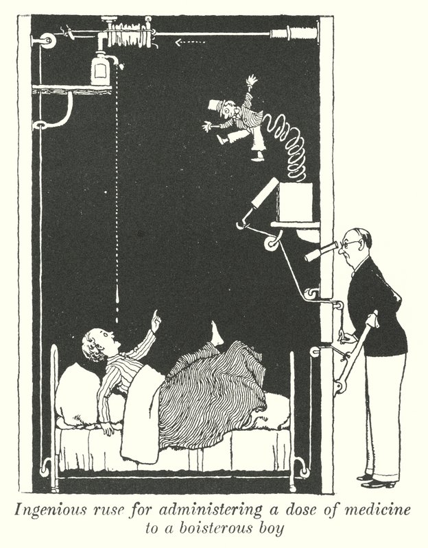 Genialer Trick, um einem ungestümen Jungen eine Dosis Medizin zu verabreichen (Litho) von William Heath Robinson