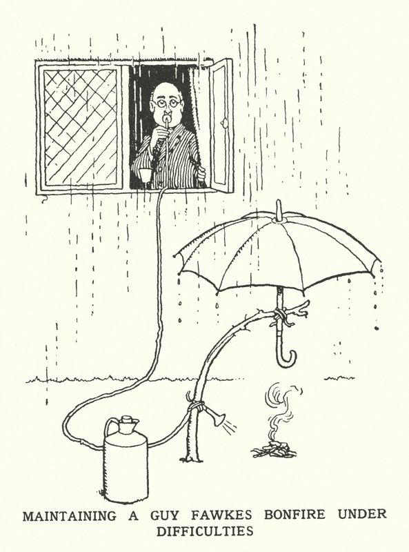 Ein Guy-Fawkes-Feuer unter schwierigen Bedingungen aufrechterhalten (Lithografie) von William Heath Robinson