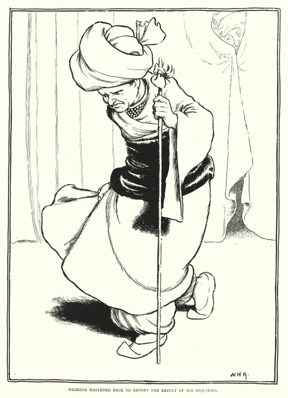 Mesrour eilte zurück, um das Ergebnis seiner Nachforschungen zu berichten (Gravur) von William Heath Robinson