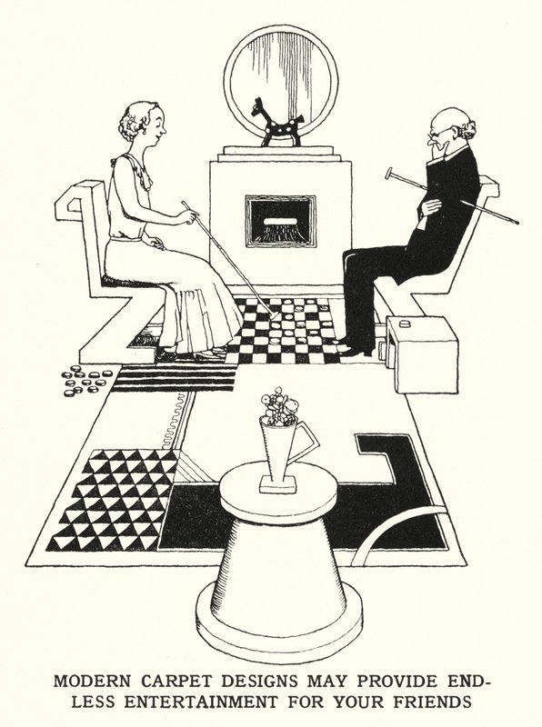 Moderne Teppichdesigns können Ihre Freunde endlos unterhalten (Lithografie) von William Heath Robinson