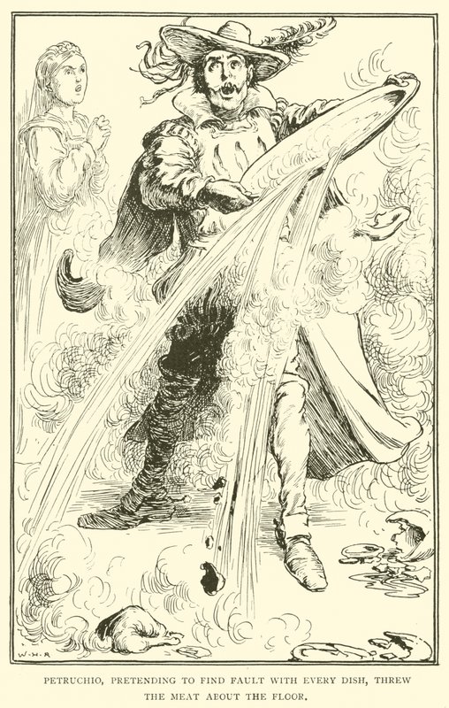 Petruchio, der vorgab, an jedem Gericht etwas auszusetzen zu haben, warf das Fleisch auf den Boden von William Heath Robinson