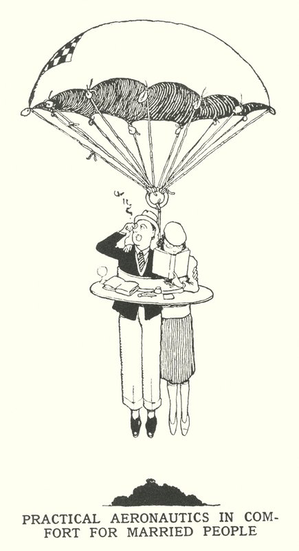 Praktische Luftfahrt in Komfort für verheiratete Menschen (Lithografie) von William Heath Robinson