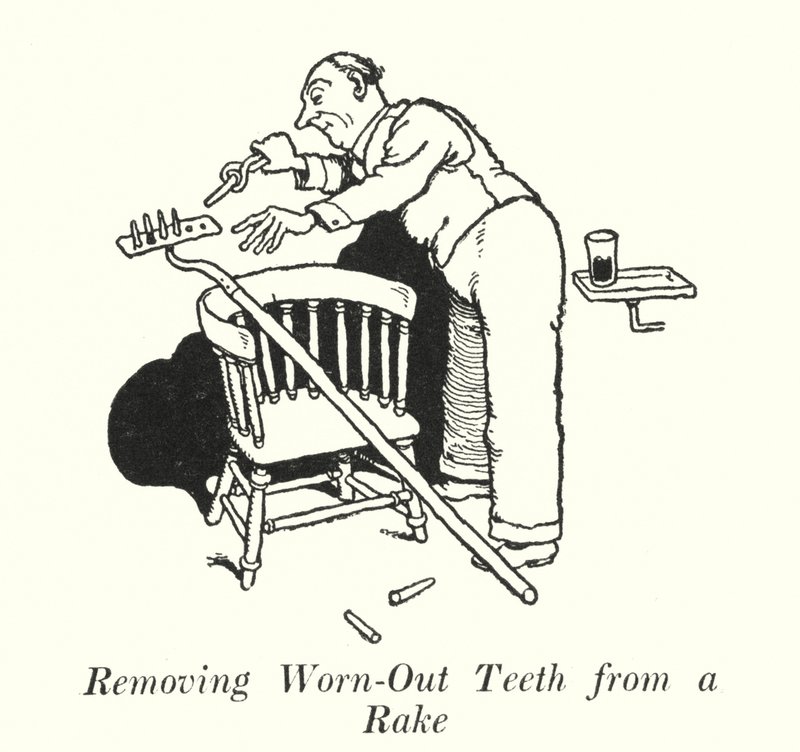 Abgenutzte Zähne von einem Rechen entfernen (Lithografie) von William Heath Robinson