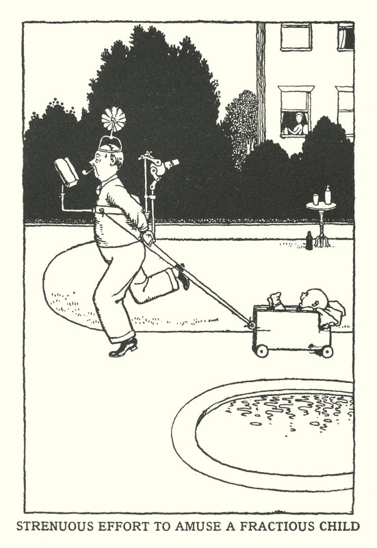 Anstrengender Versuch, ein unruhiges Kind zu unterhalten (Litho) von William Heath Robinson