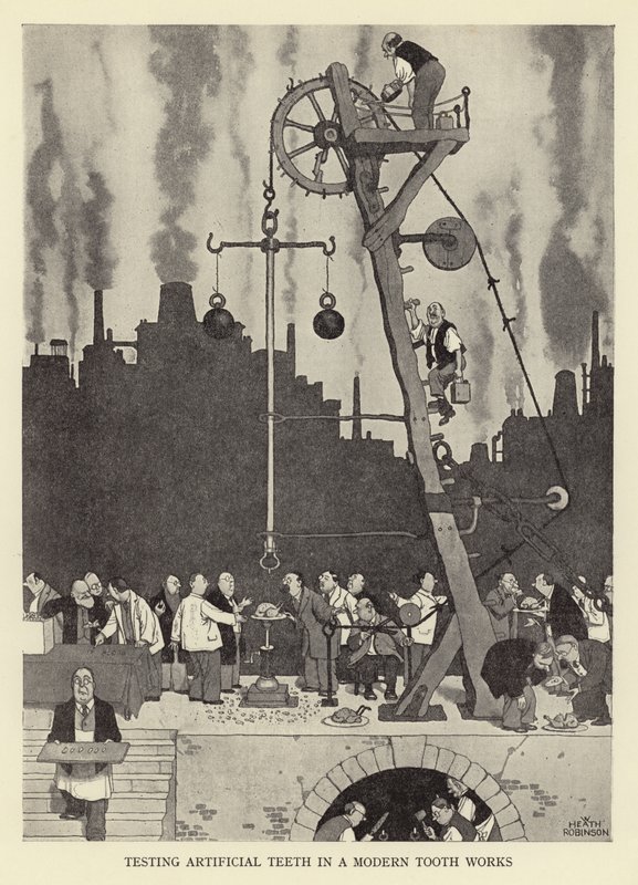 Testen künstlicher Zähne in einer modernen Zahnfabrik von William Heath Robinson