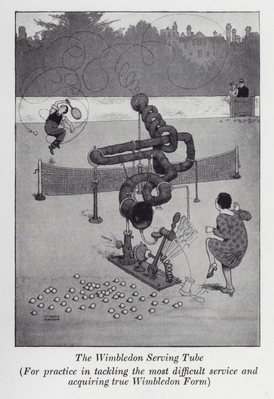Die Wimbledon-Servier-Röhre, Zum Üben der schwierigsten Aufschläge und zum Erreichen der wahren Wimbledon-Form von William Heath Robinson