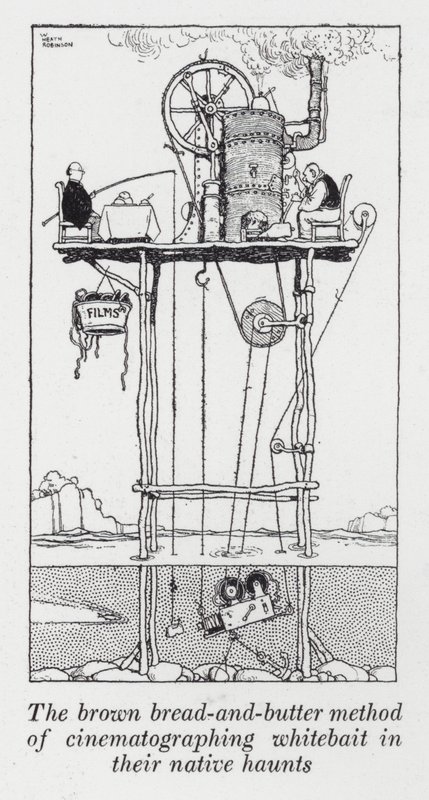 Die braune Brot-und-Butter-Methode, Weißfische in ihrem natürlichen Lebensraum zu filmen (Lithografie) von William Heath Robinson