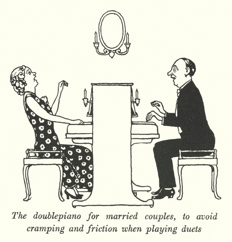 Das Doppelklavier für Ehepaare, um Krämpfe und Reibungen beim Spielen von Duetten zu vermeiden von William Heath Robinson
