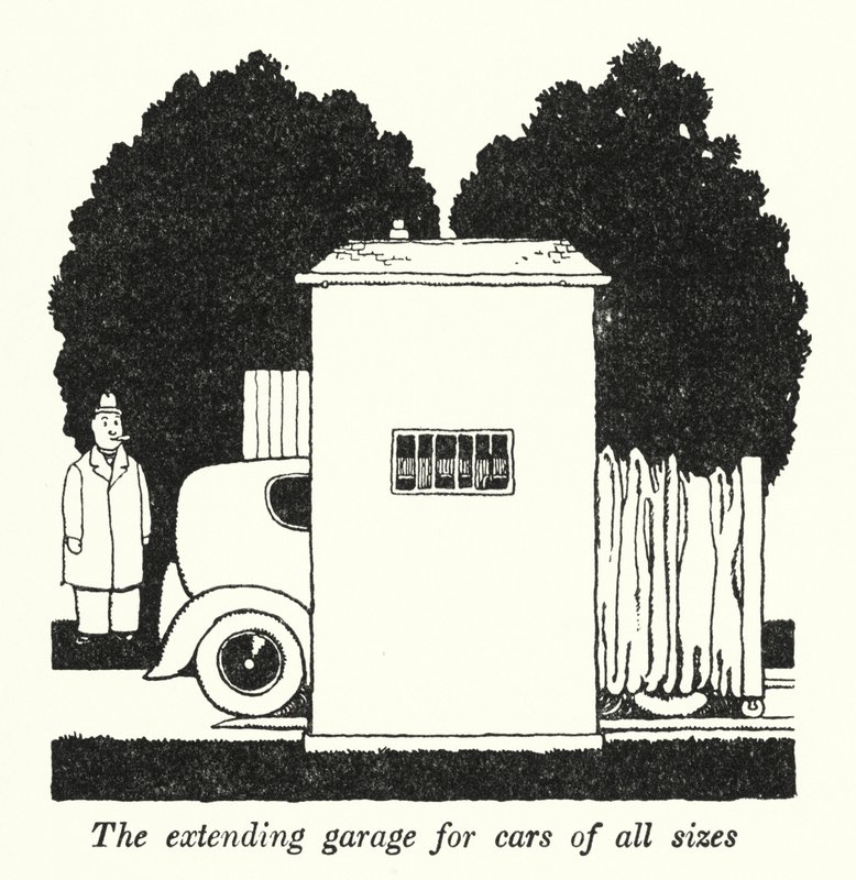 Die erweiterbare Garage für Autos aller Größen von William Heath Robinson