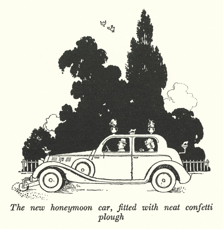 Das neue Hochzeitsreisemobil, ausgestattet mit einem praktischen Konfettipflug (Lithografie) von William Heath Robinson