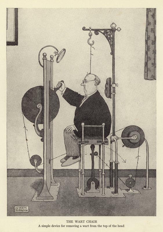 Der Warzenstuhl, ein einfaches Gerät zur Entfernung einer Warze vom Kopf von William Heath Robinson