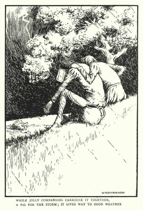 Während fröhliche Gefährten zusammen zechen, ein Feigenblatt für den Sturm, es weicht gutem Wetter von William Heath Robinson
